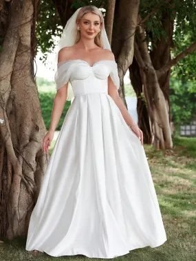 Off Shoulder Ruched Bust Satin Wedding Dress