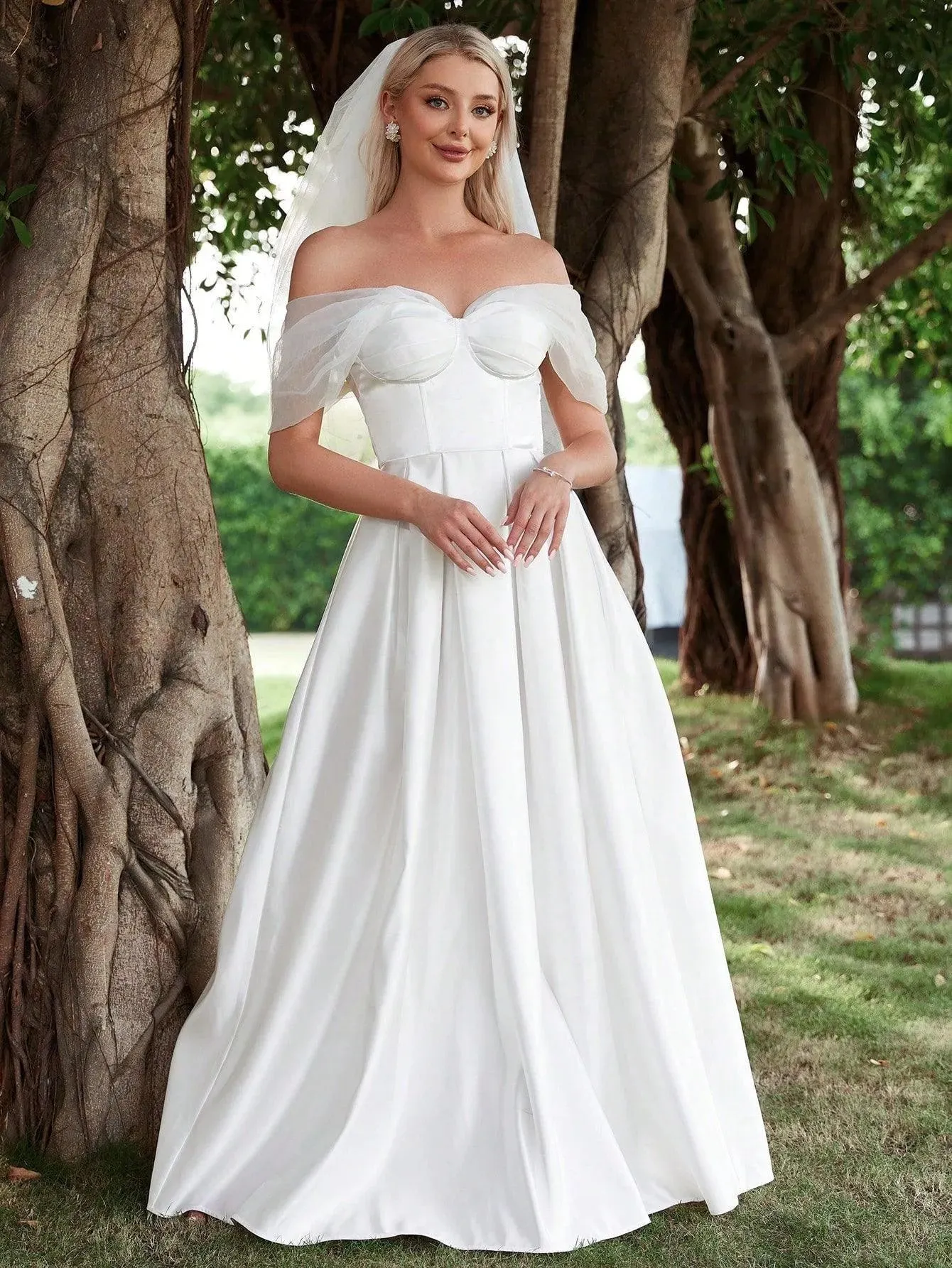 Off Shoulder Ruched Bust Satin Wedding Dress