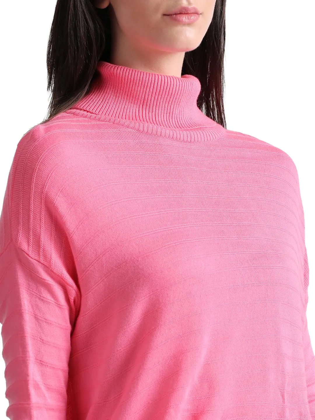 Only Women's Acrylic Turtle Neck Pink Pullover