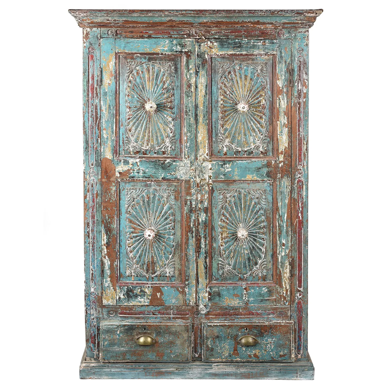 Painted Indian Almirah Cabinet With Sunburst Panels - 19th Century