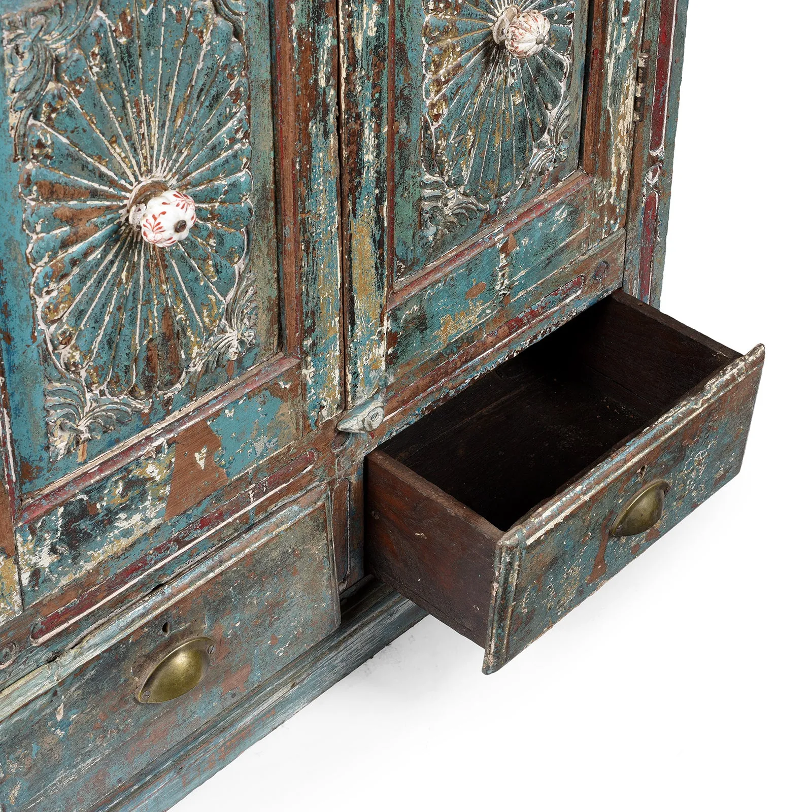 Painted Indian Almirah Cabinet With Sunburst Panels - 19th Century