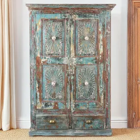 Painted Indian Almirah Cabinet With Sunburst Panels - 19th Century