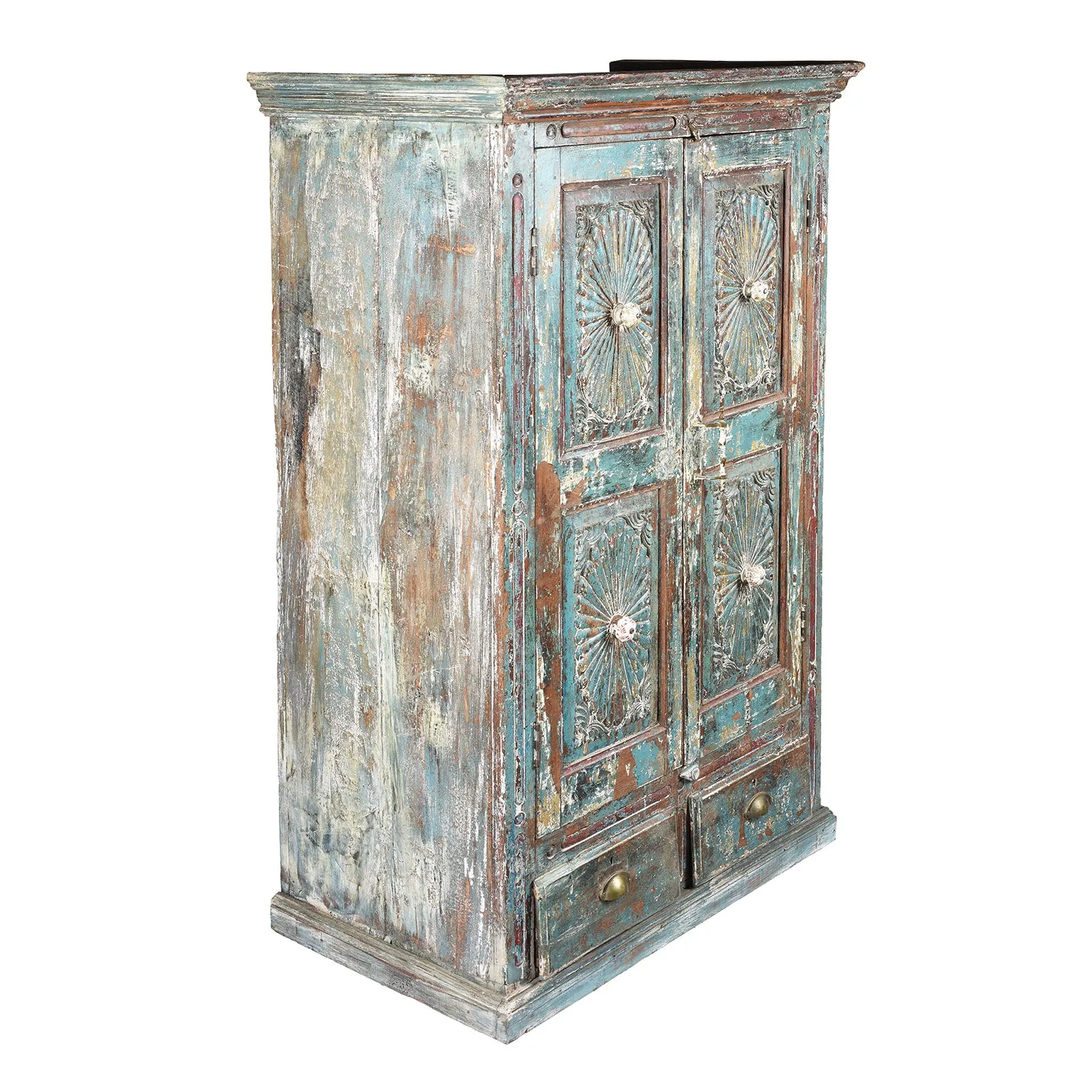 Painted Indian Almirah Cabinet With Sunburst Panels - 19th Century