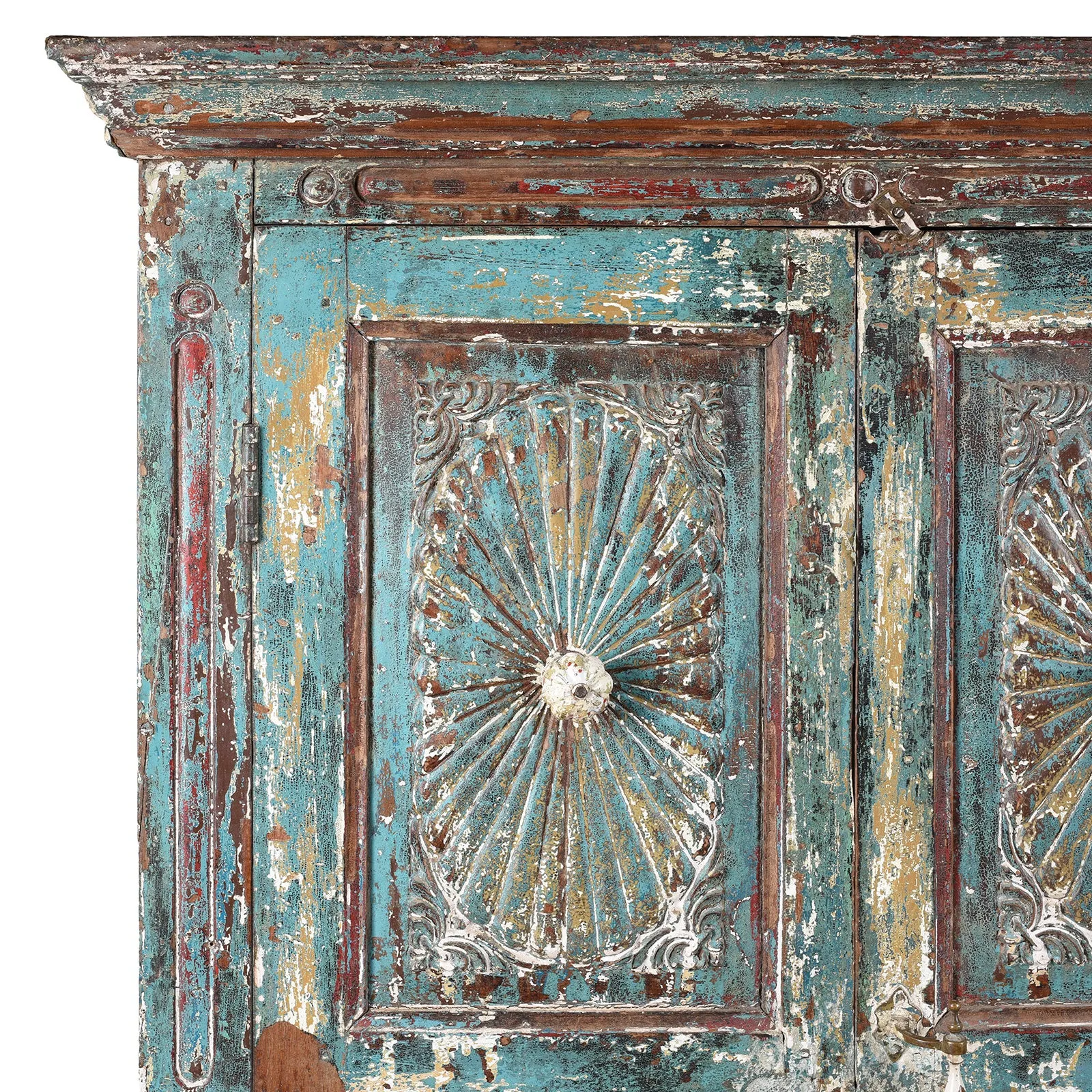 Painted Indian Almirah Cabinet With Sunburst Panels - 19th Century