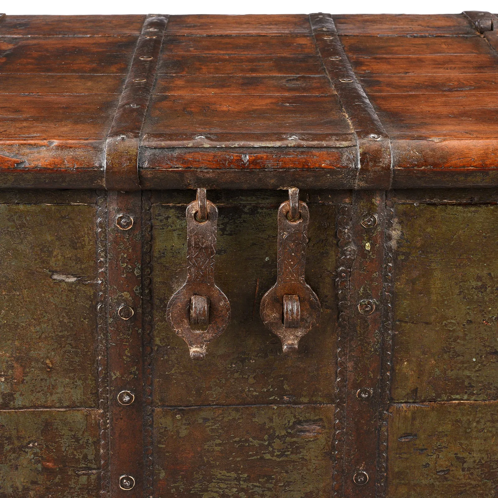 Painted Iron Bound Teak Chest From Gujarat - 18th Century