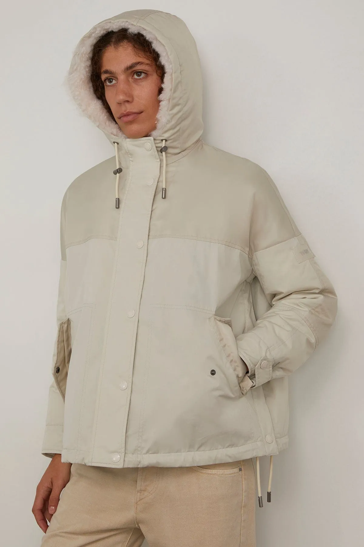 Parka Mix Coat with Lamb Trim in Fog