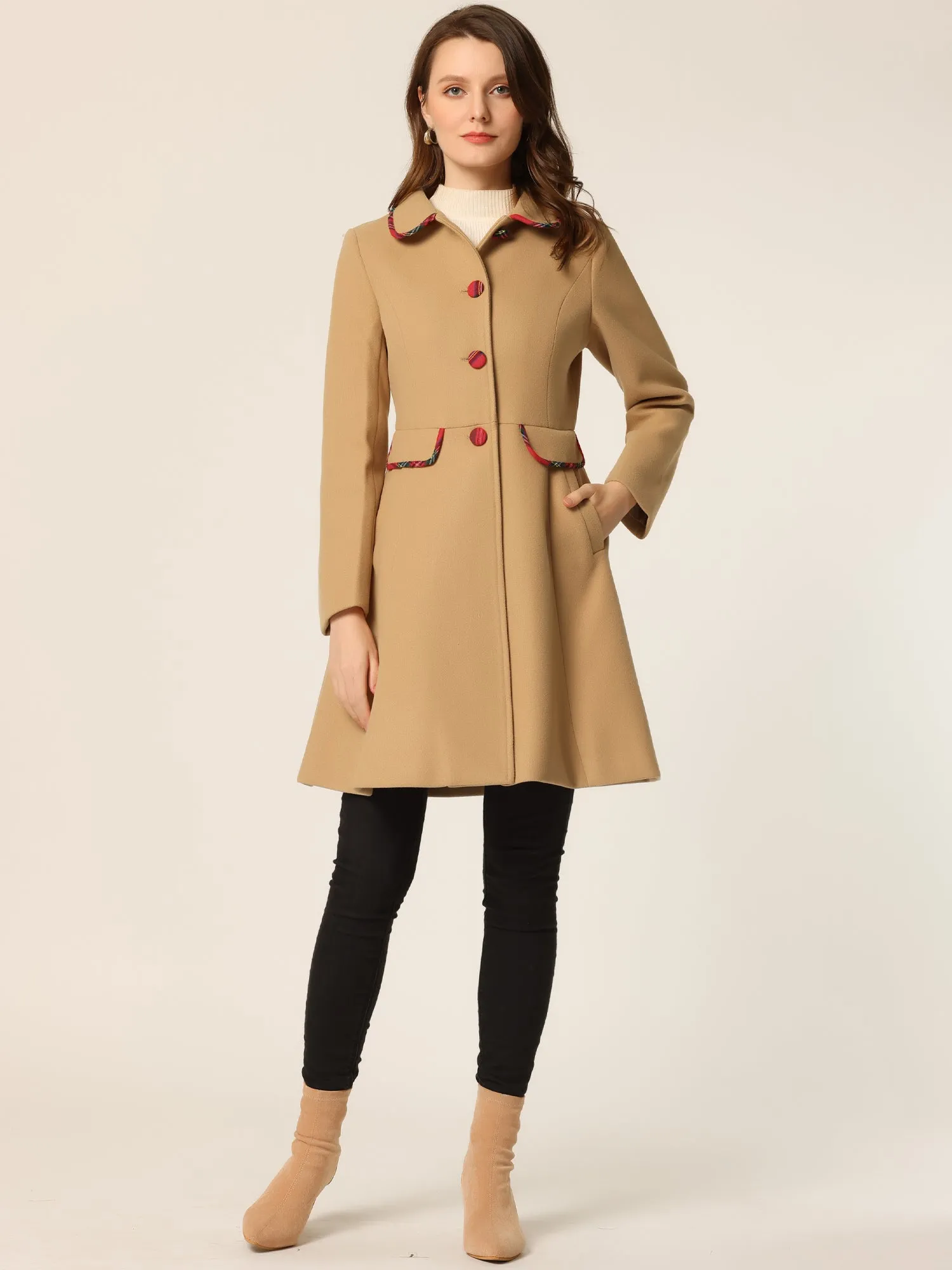 Peter Pan Collar Contrast Trim Single Breasted Winter Long Coat