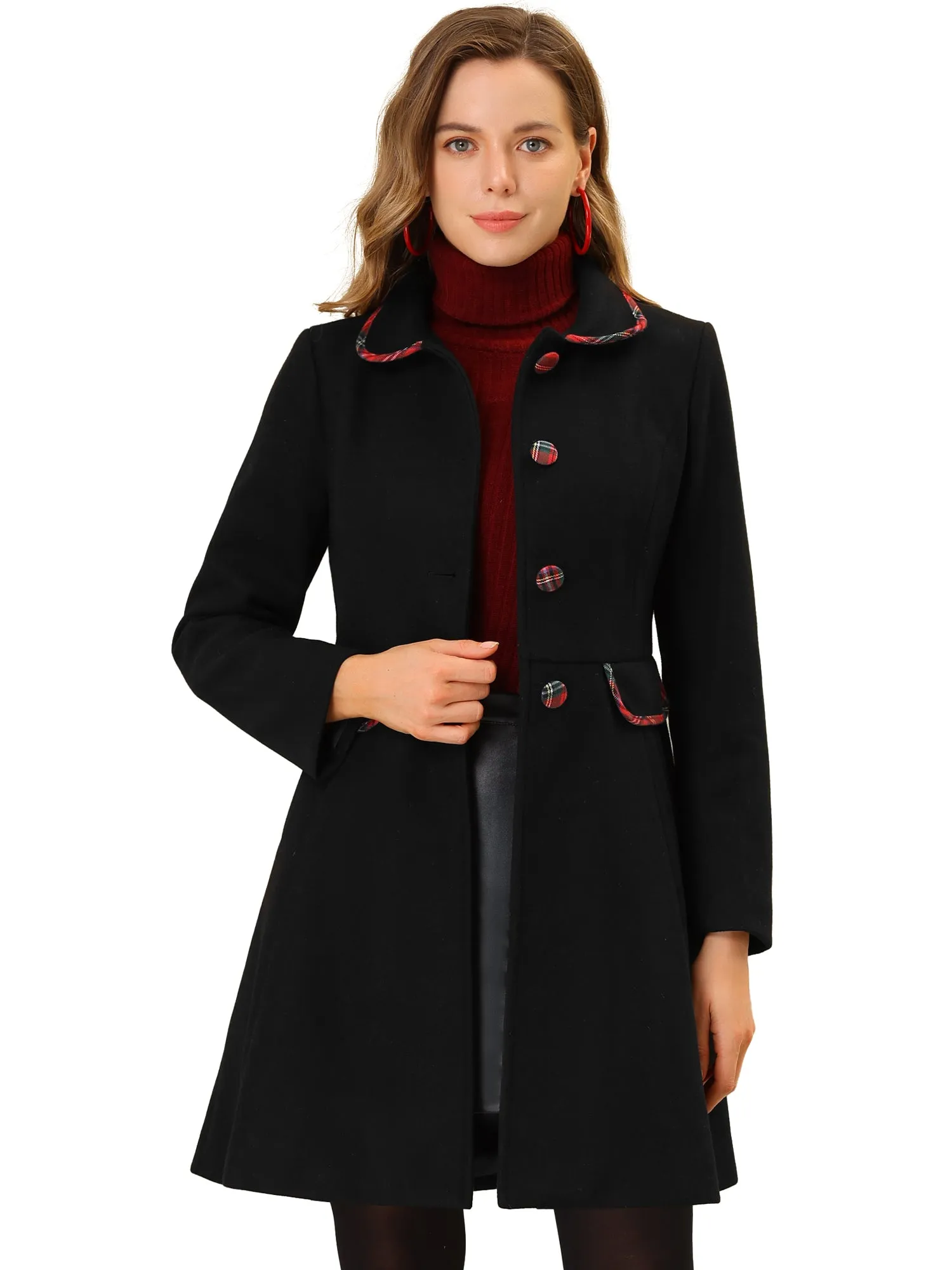 Peter Pan Collar Contrast Trim Single Breasted Winter Long Coat