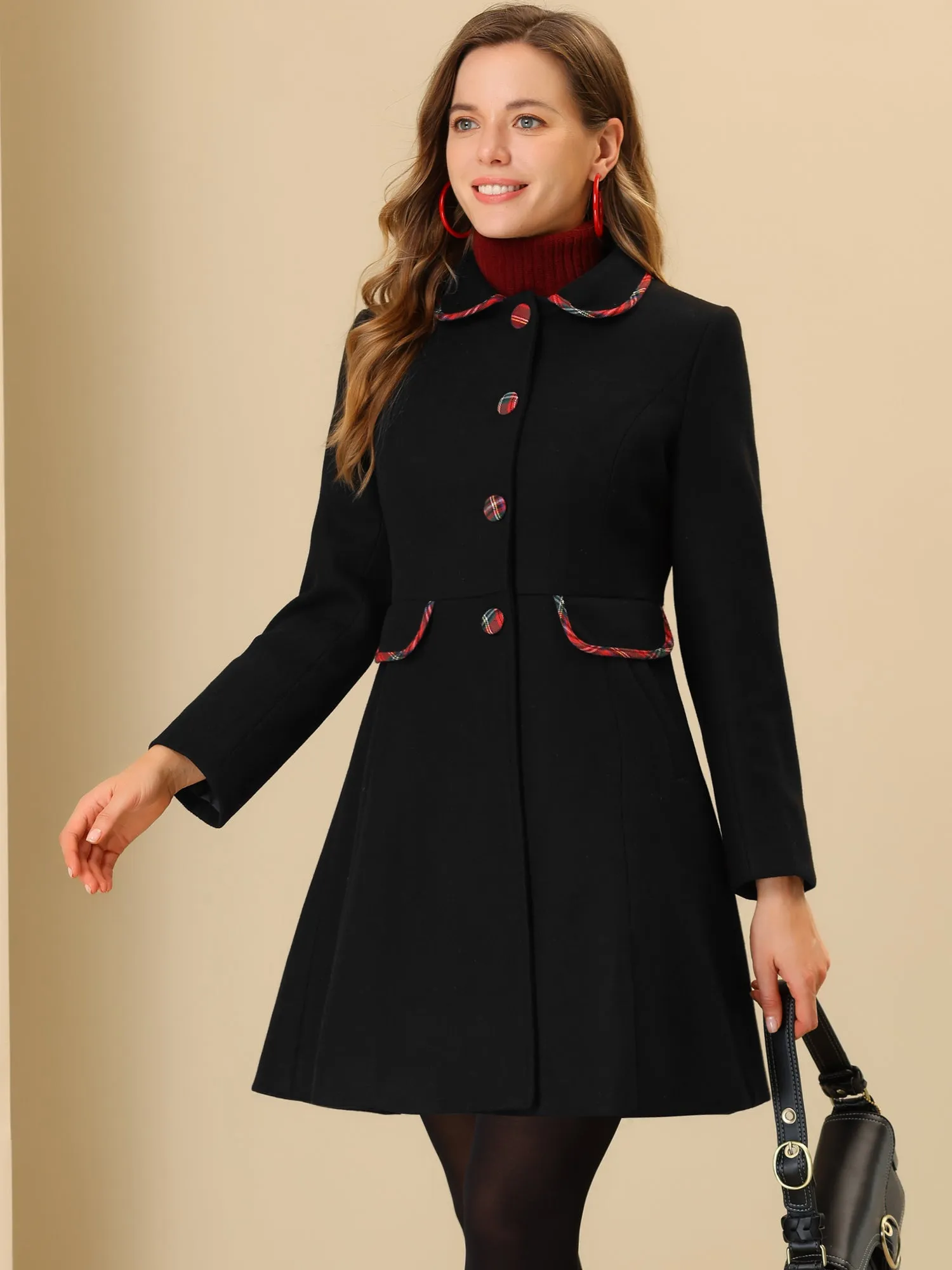 Peter Pan Collar Contrast Trim Single Breasted Winter Long Coat