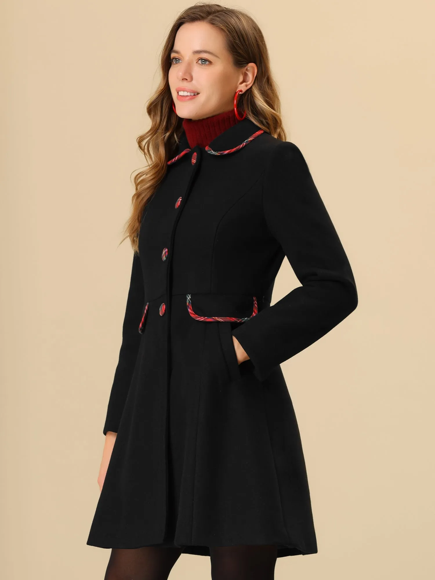 Peter Pan Collar Contrast Trim Single Breasted Winter Long Coat