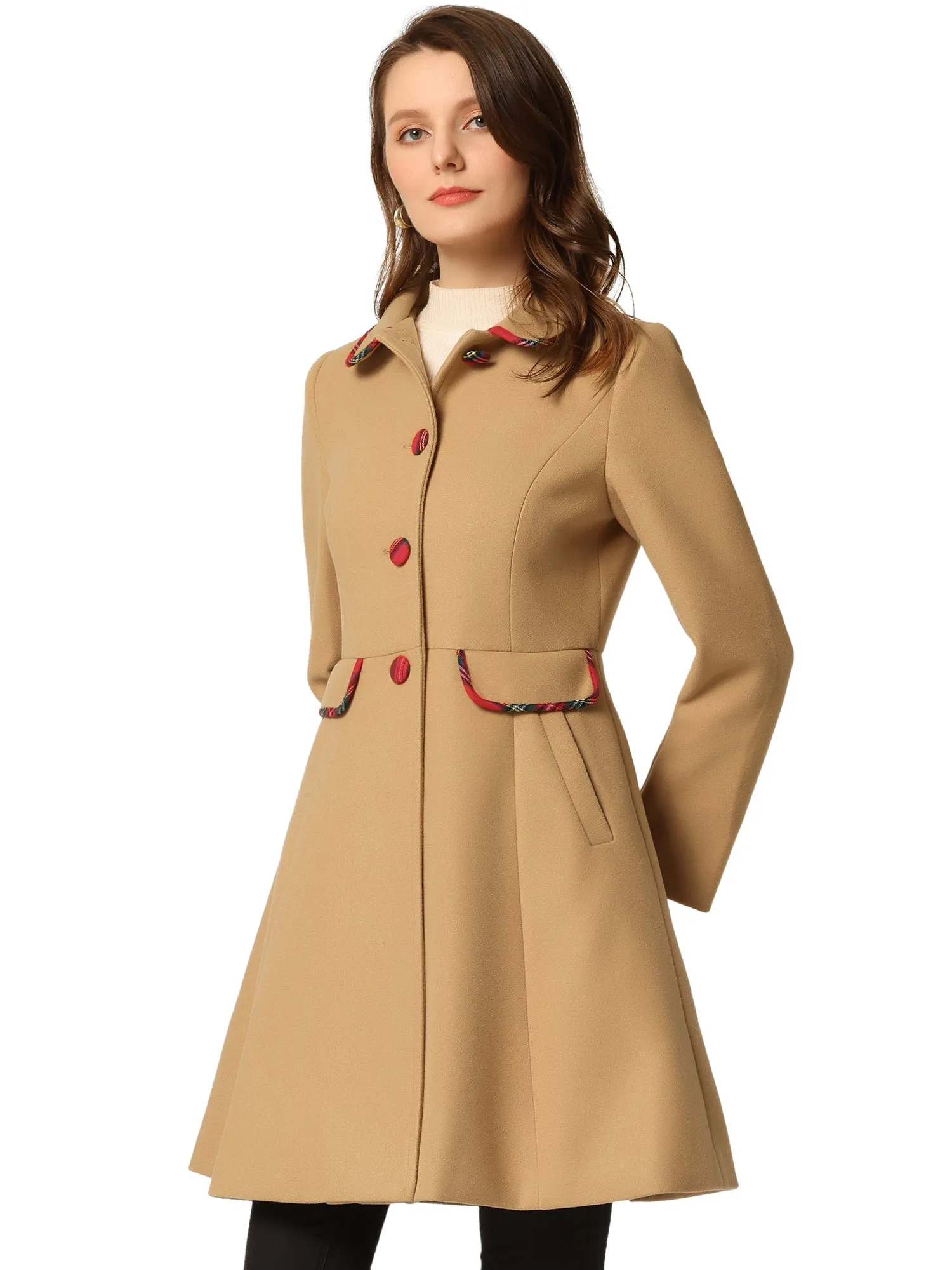 Peter Pan Collar Contrast Trim Single Breasted Winter Long Coat