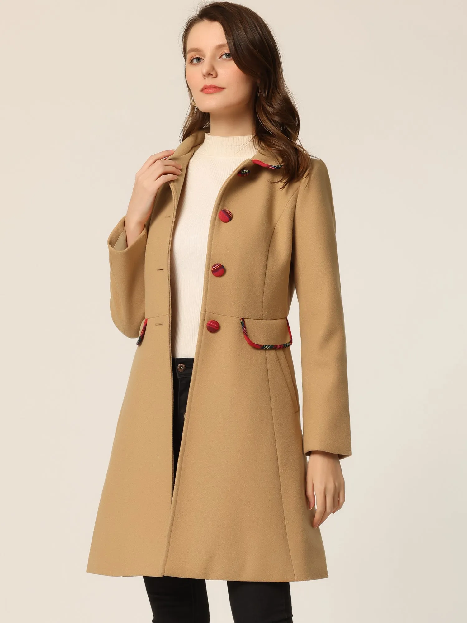 Peter Pan Collar Contrast Trim Single Breasted Winter Long Coat