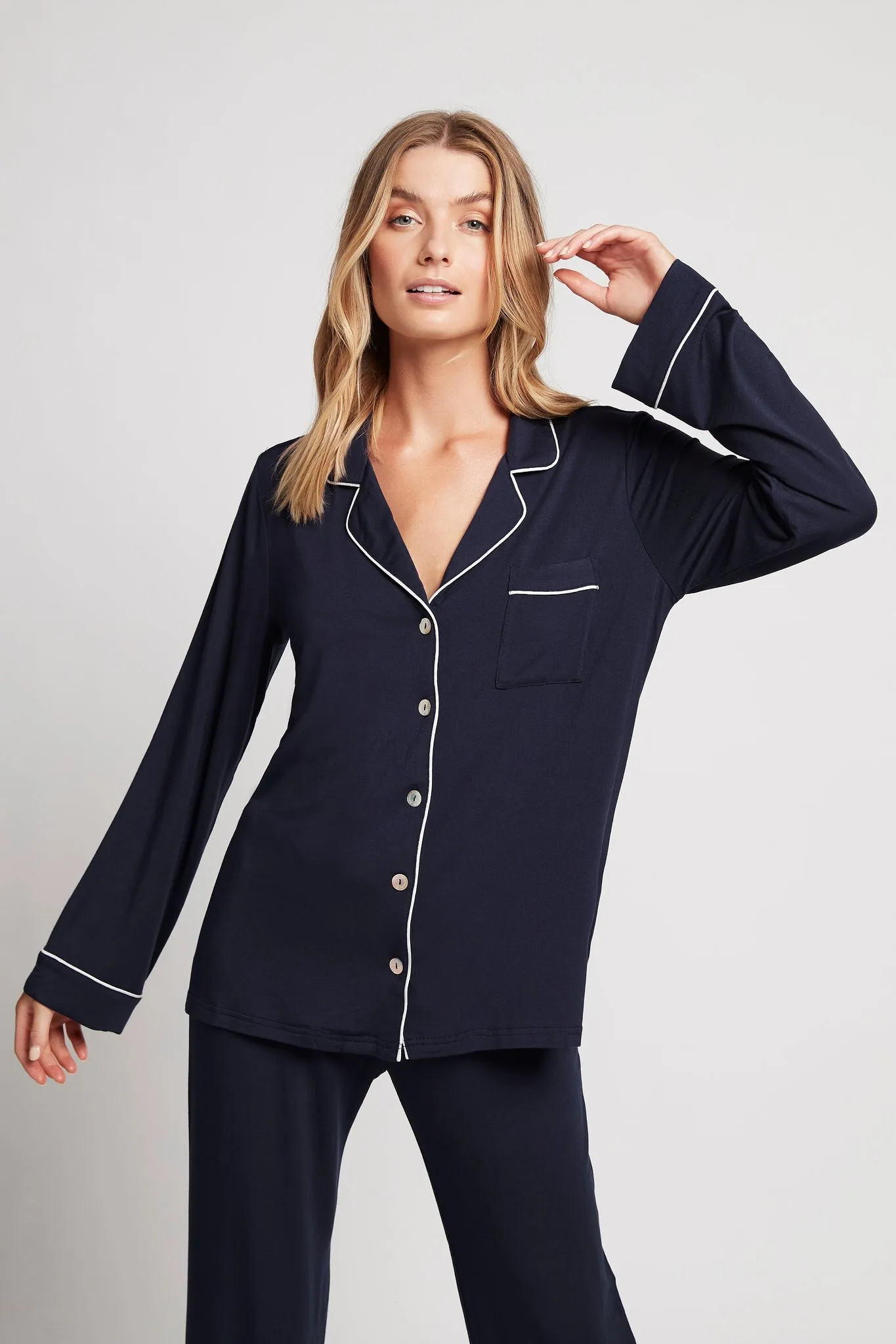 Petra Tencel™ Lounge Pyjama Set - Navy with White Piping