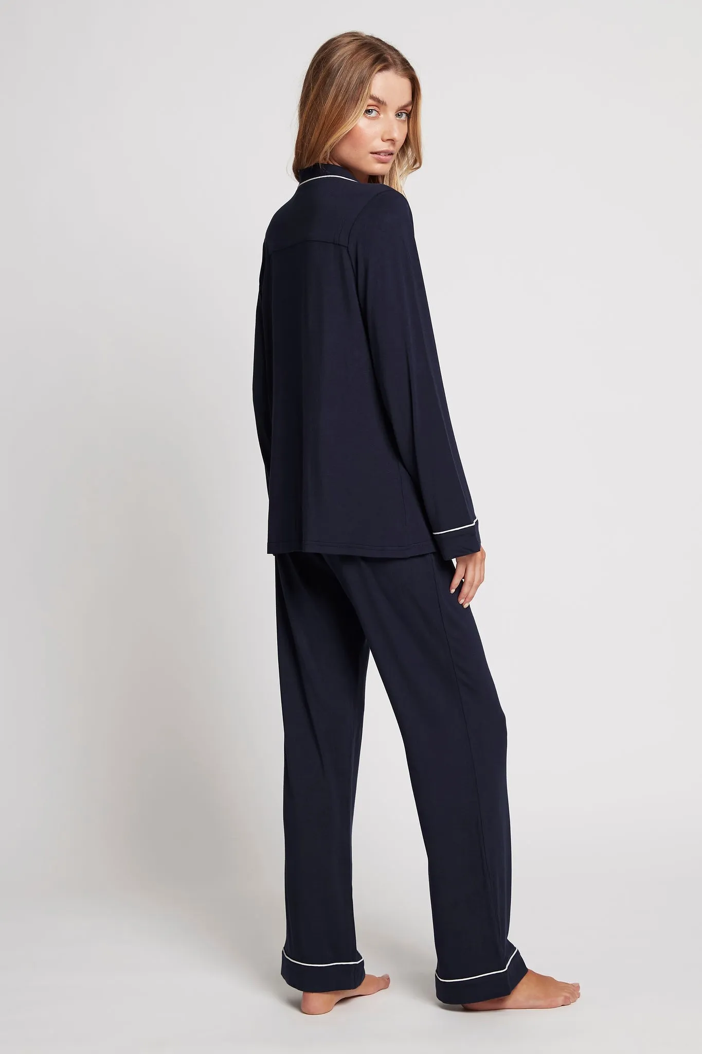 Petra Tencel™ Lounge Pyjama Set - Navy with White Piping