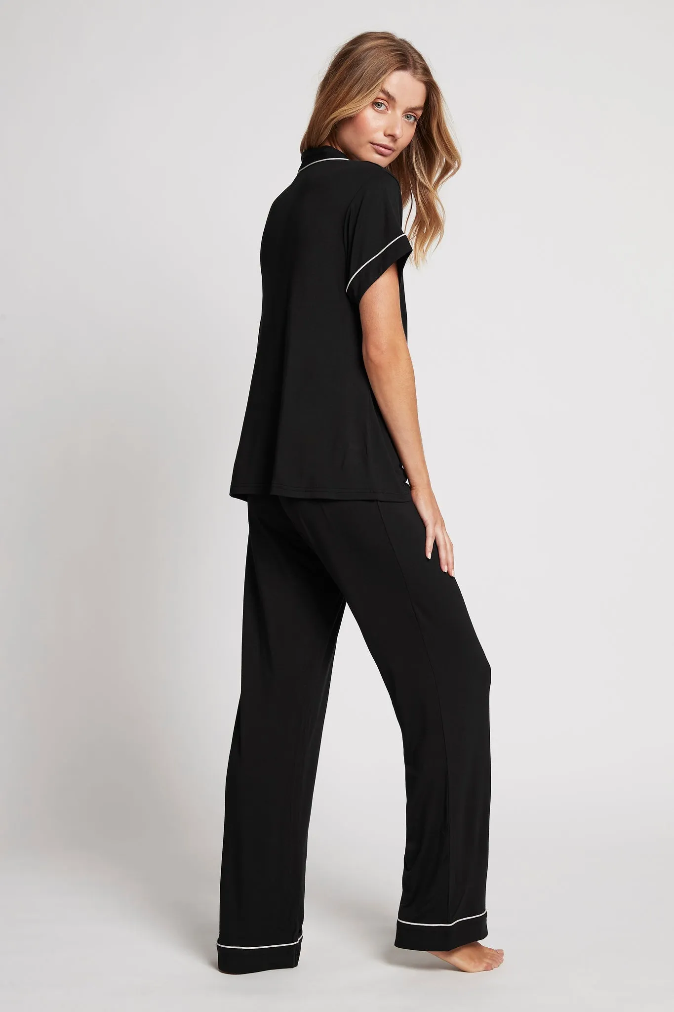 Petra Tencel™ Short Sleeve with Long Pant Pyjama Set - Black with Blush Piping