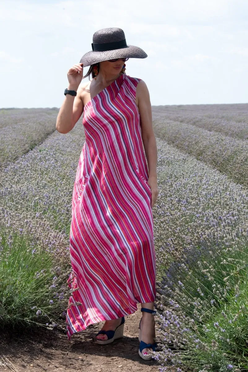 Pink Stripes Linen One Shoulder Dress TIFFANY