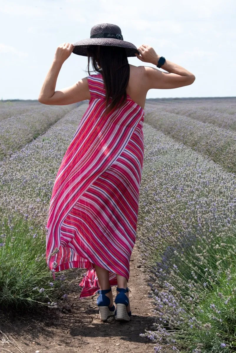 Pink Stripes Linen One Shoulder Dress TIFFANY