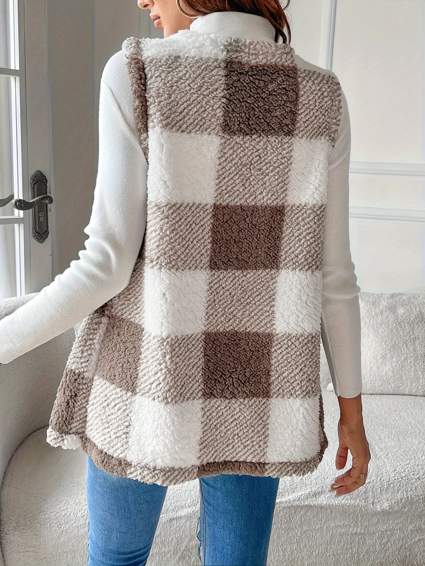 Plaid Open Front Teddy Vest, Casual Sleeveless Winter Vest With Pocket, Women's Clothing