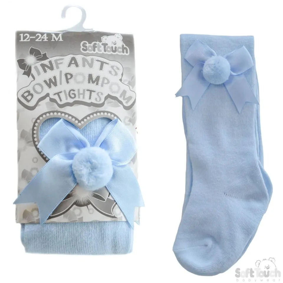 Plain Blue Tights With Matching Bow And Pom Pom - NB-24M- T41-B