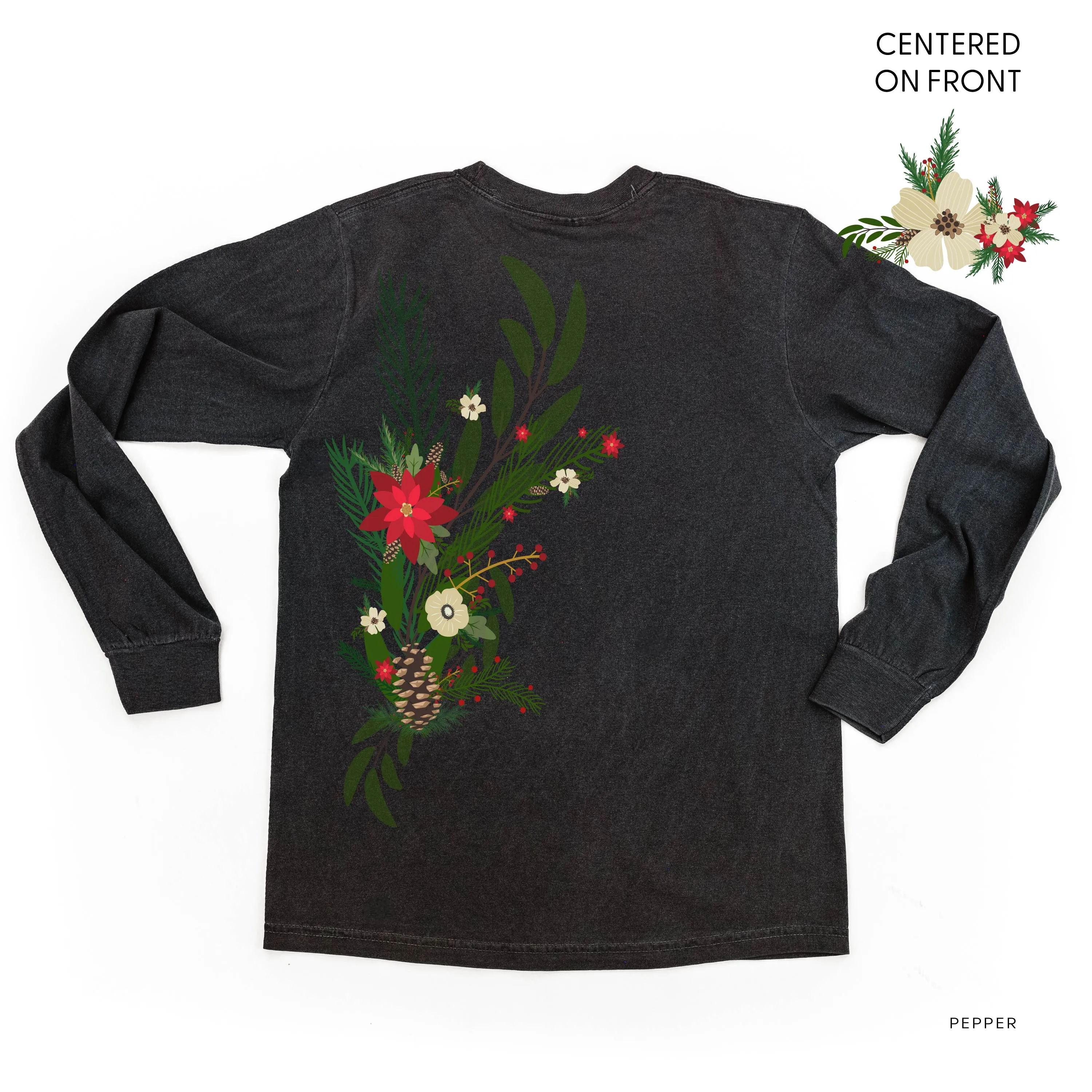 Poinsettia & Winter Flower Cascade (centered & b) - LONG SLEEVE Comfort Colors Tee