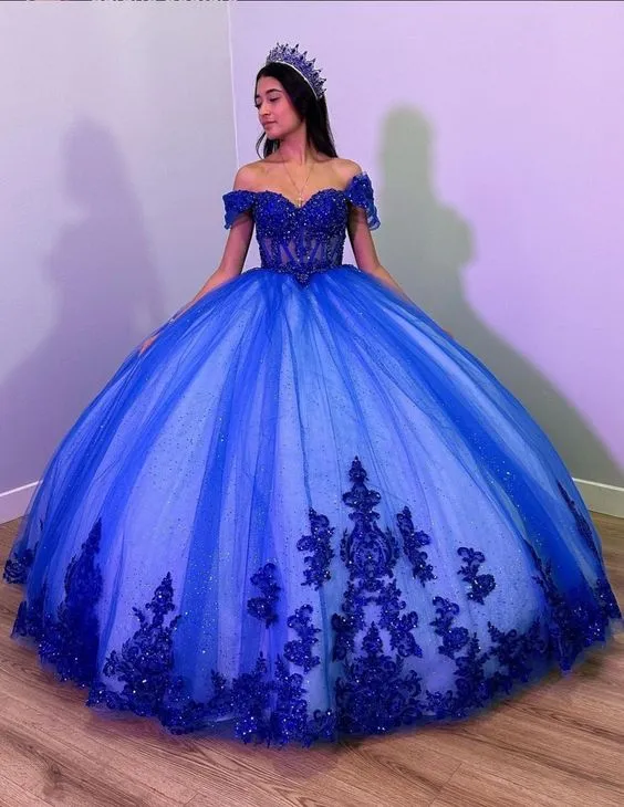 Princess Royal Blue Off The Shoulder Ball Gown Quinceanera Dress For Girls Beaded Appliques Sweet 16 Birthday Party Gowns       fg4794