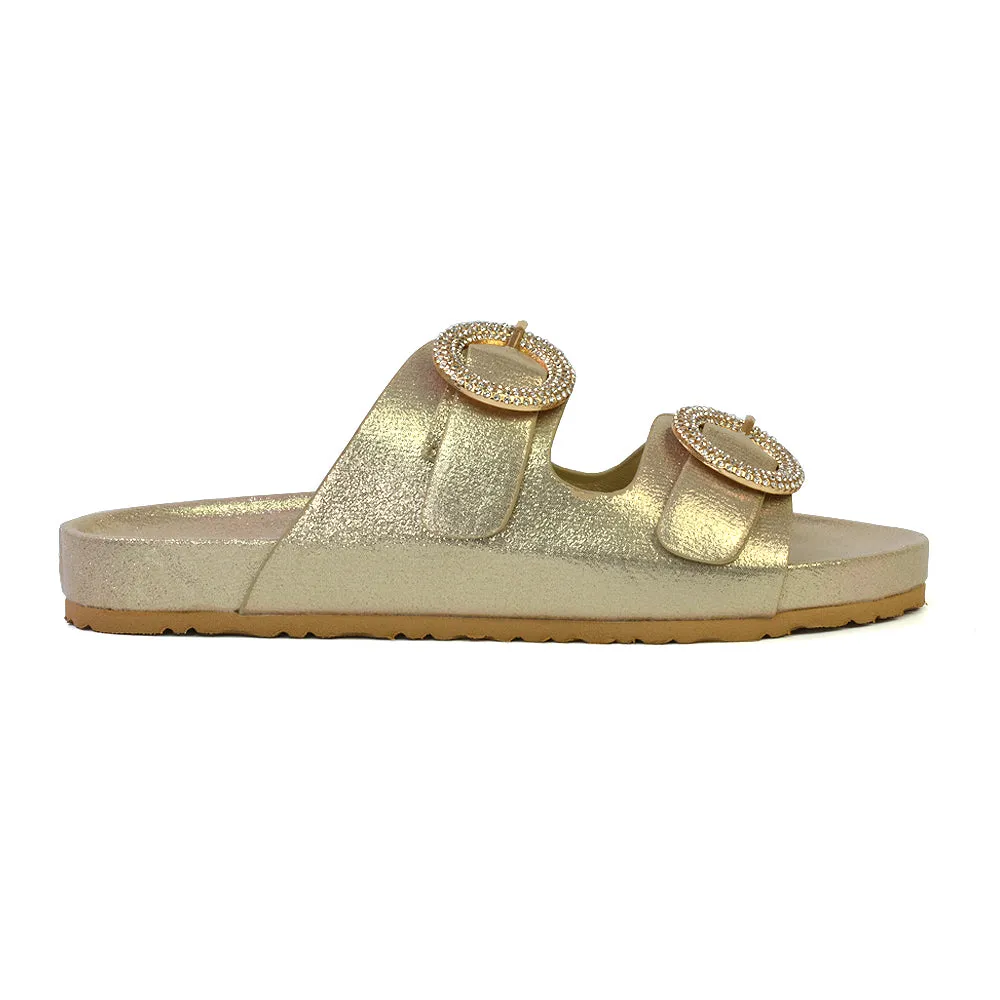 Reggie Double Strap Diamante Slip On Flat Sandals Sliders in Silver