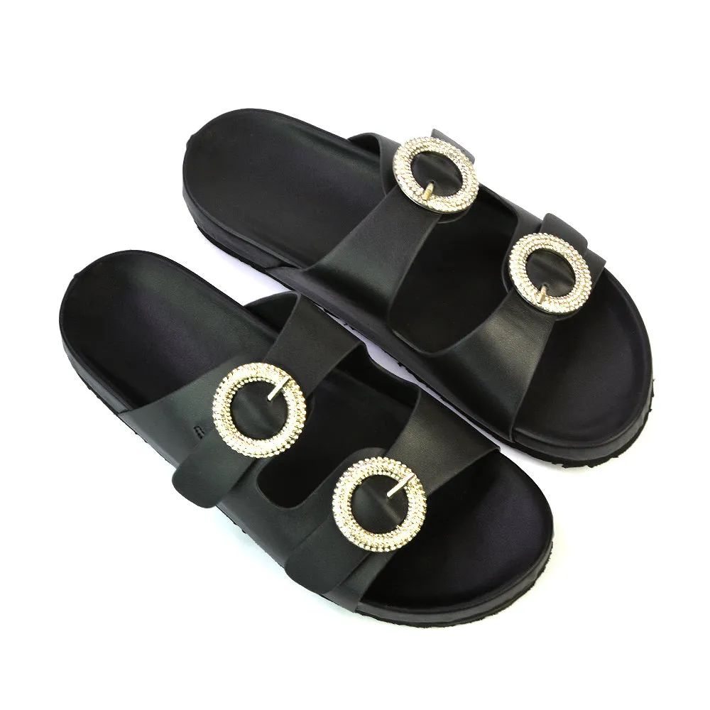 Reggie Double Strap Diamante Slip On Flat Sandals Sliders in Silver