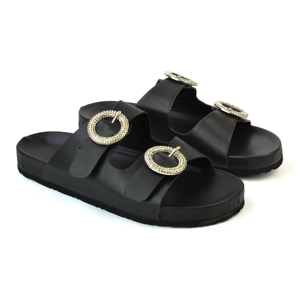 Reggie Double Strap Diamante Slip On Flat Sandals Sliders in Silver