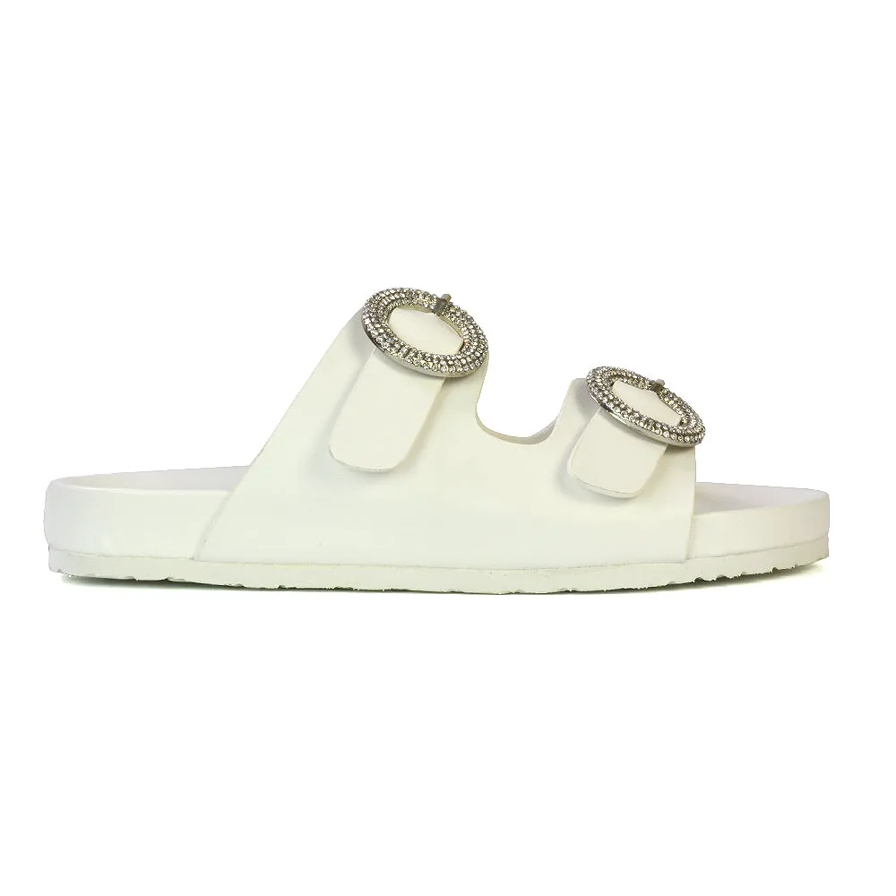 Reggie Double Strap Diamante Slip On Flat Sandals Sliders in Silver