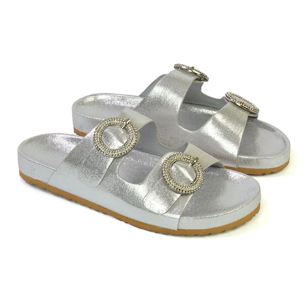 Reggie Double Strap Diamante Slip On Flat Sandals Sliders in Silver