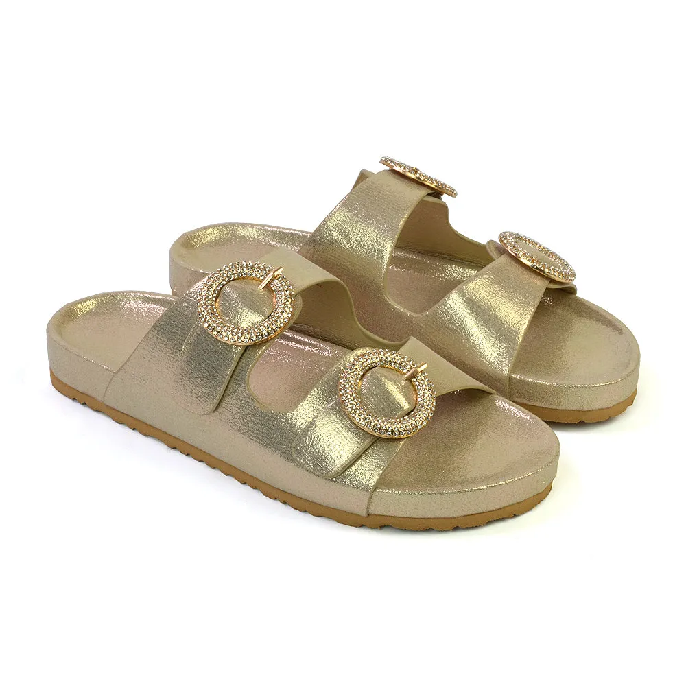 Reggie Double Strap Diamante Slip On Flat Sandals Sliders in Silver