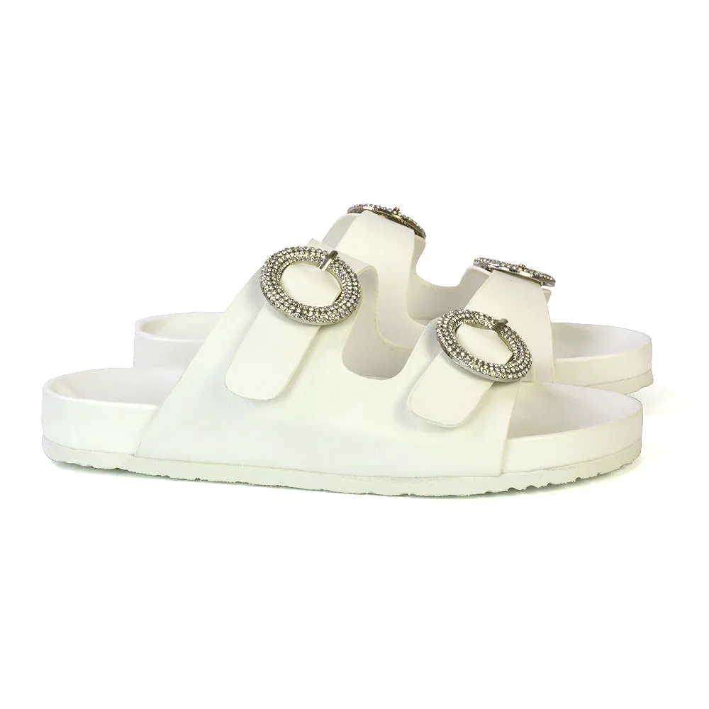 Reggie Double Strap Diamante Slip On Flat Sandals Sliders in Silver