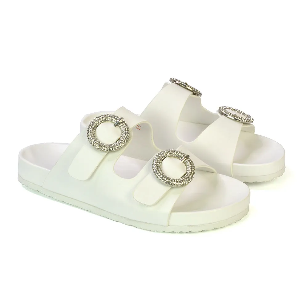 Reggie Double Strap Diamante Slip On Flat Sandals Sliders in Silver