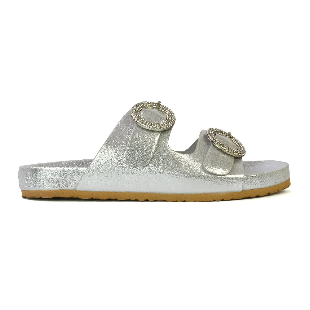 Reggie Double Strap Diamante Slip On Flat Sandals Sliders in Silver