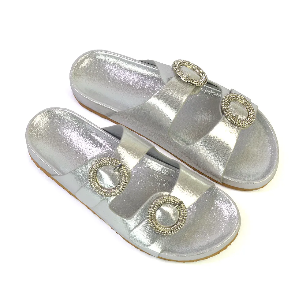 Reggie Double Strap Diamante Slip On Flat Sandals Sliders in Silver