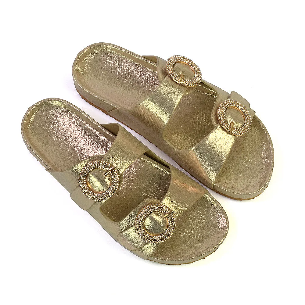 Reggie Double Strap Diamante Slip On Flat Sandals Sliders in Silver