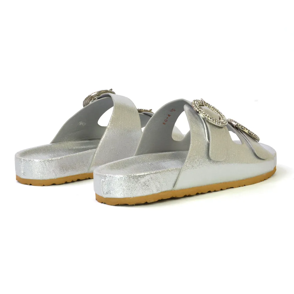 Reggie Double Strap Diamante Slip On Flat Sandals Sliders in Silver