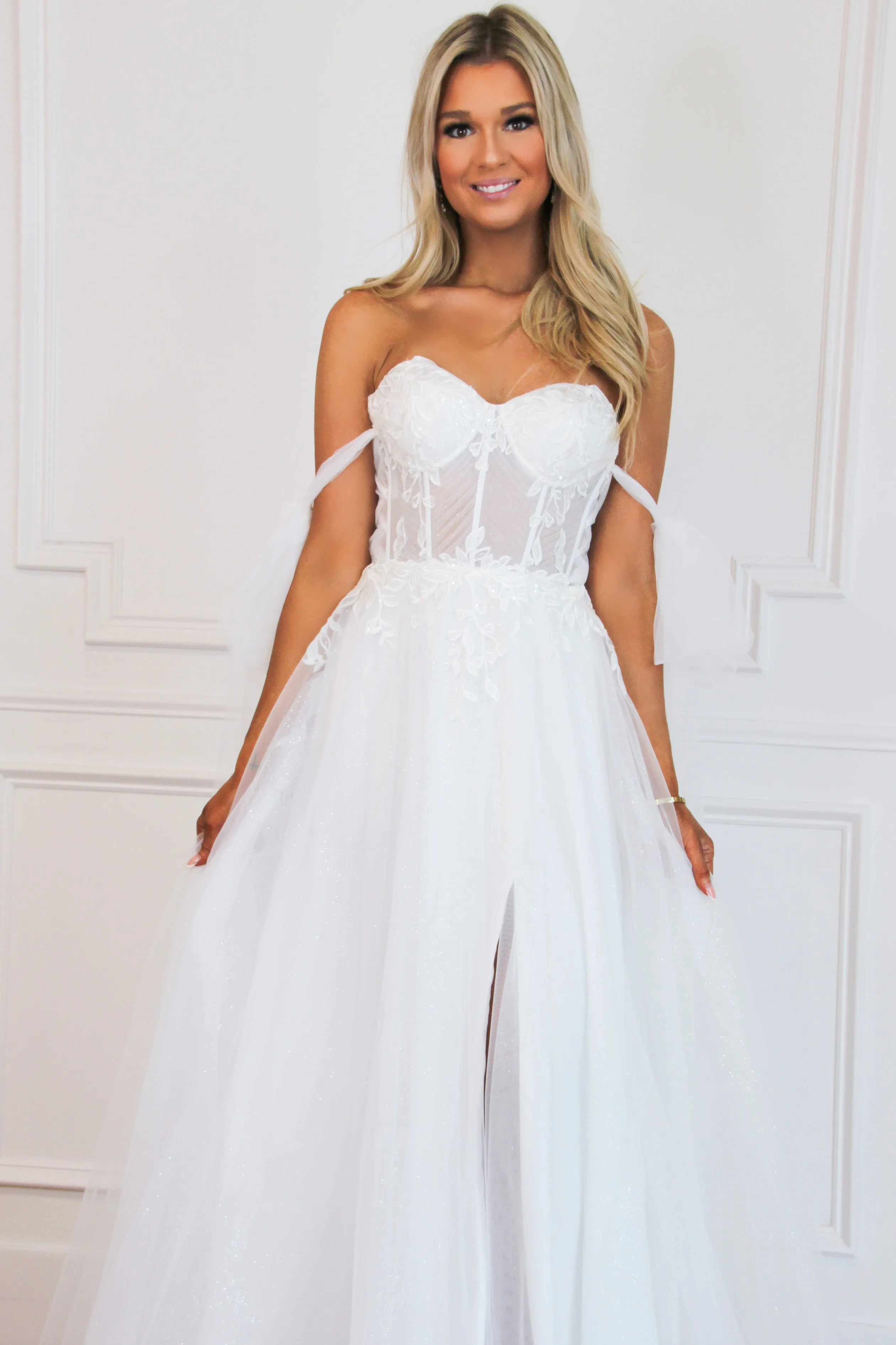 Reina Bustier Tulle Slit Wedding Dress: Off White