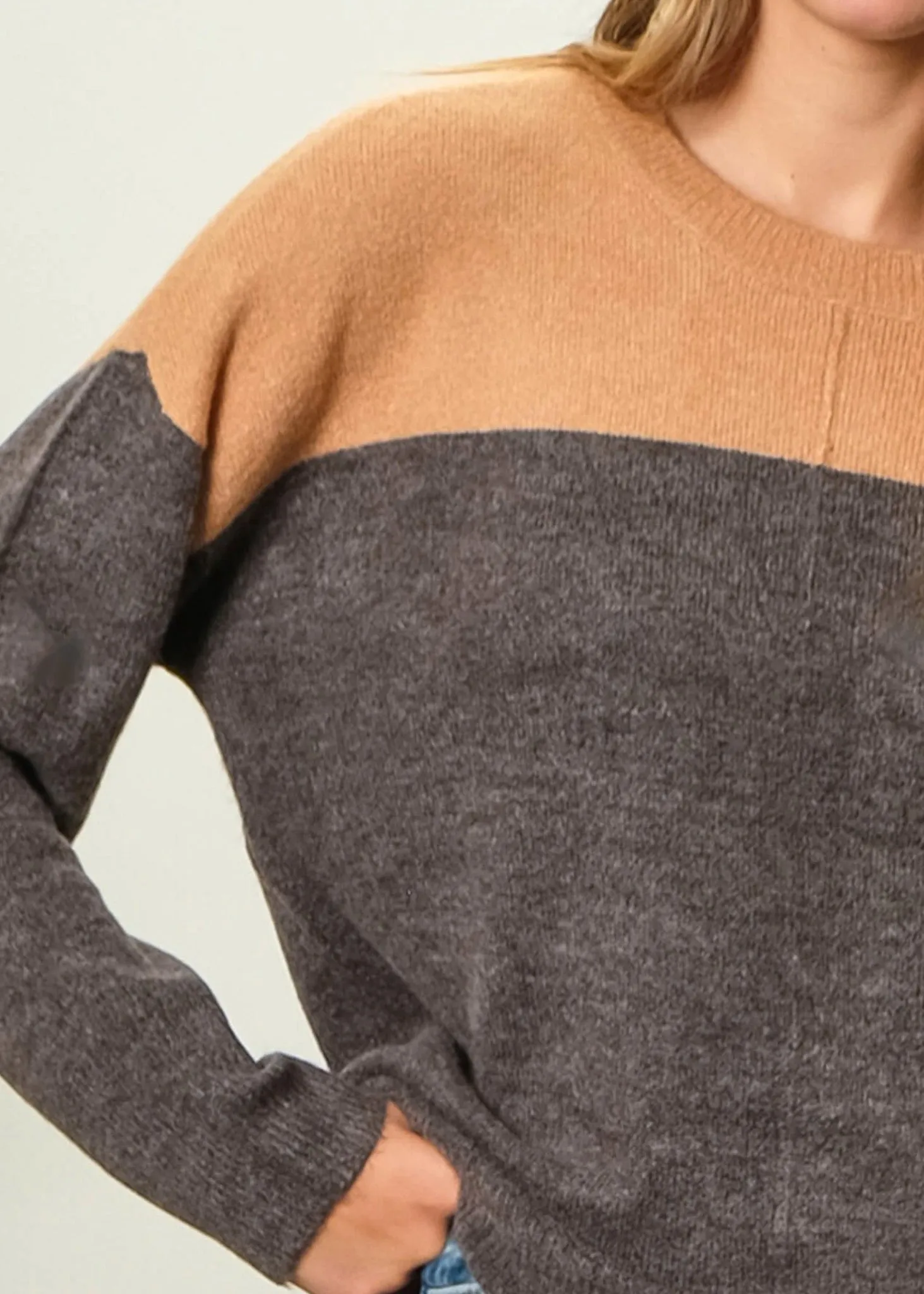 Ridge, Womens Pullover Sweater, 2 Tone Color Block In Beige/Hunter or Tan/Charcoal