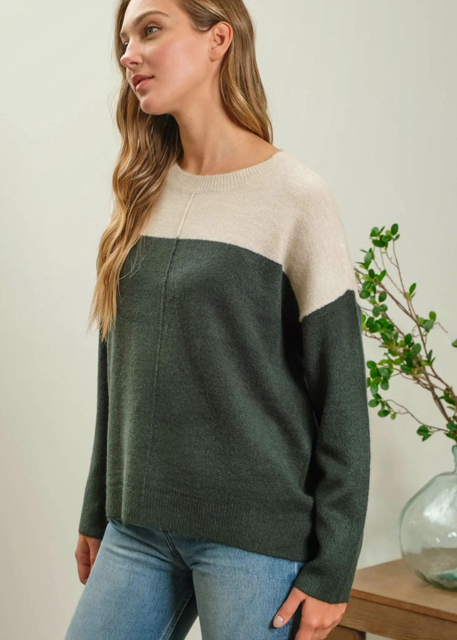 Ridge, Womens Pullover Sweater, 2 Tone Color Block In Beige/Hunter or Tan/Charcoal