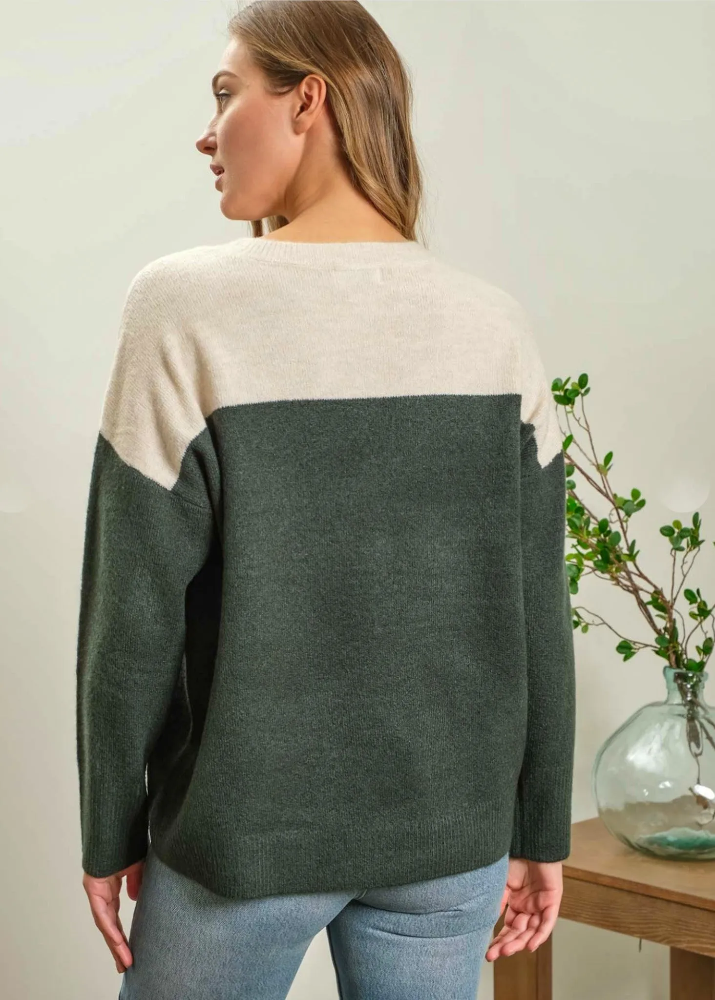 Ridge, Womens Pullover Sweater, 2 Tone Color Block In Beige/Hunter or Tan/Charcoal