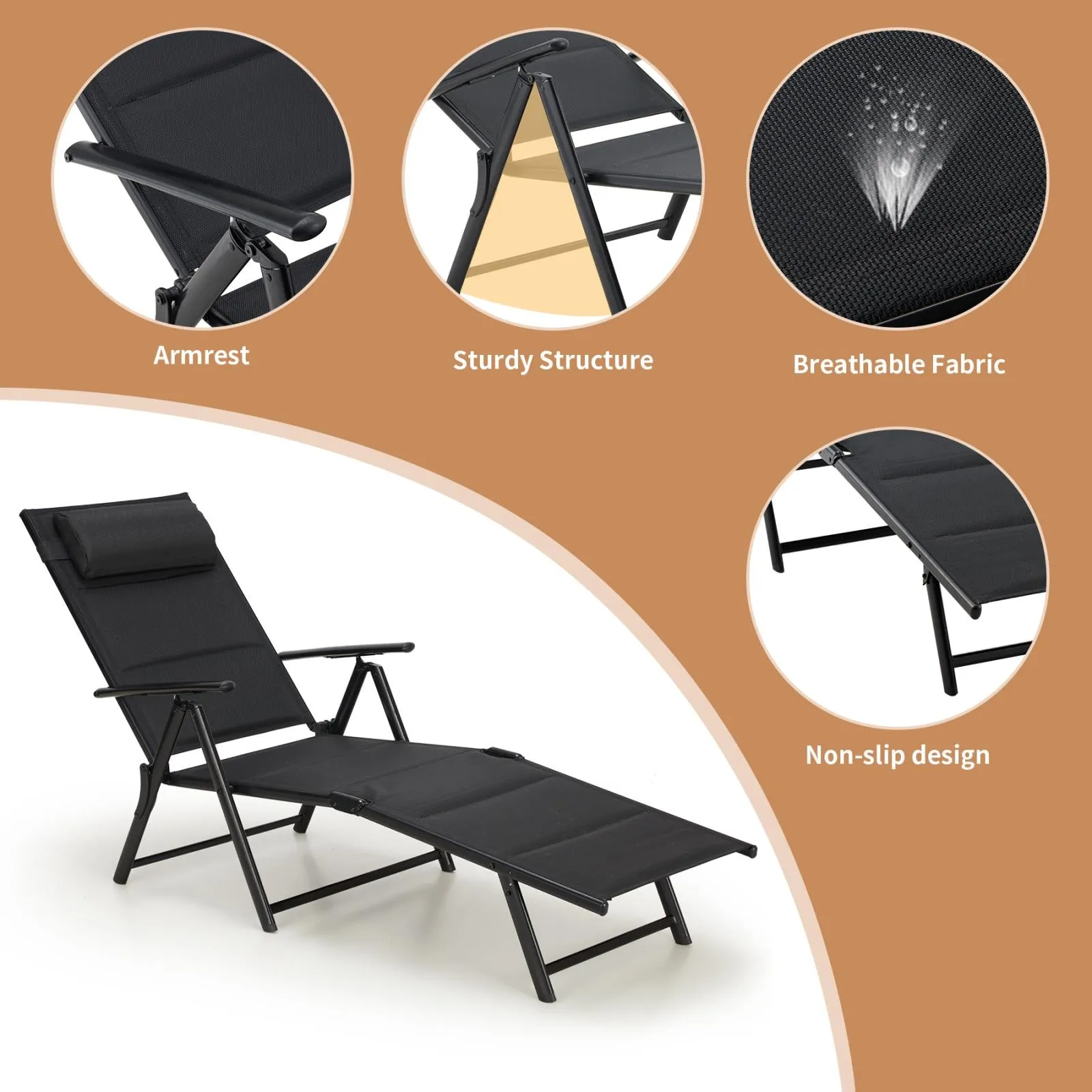 Set of 2 Outdoor Folding Lounge Chairs with 7-Position Adjustable Backrest for Poolside,Black