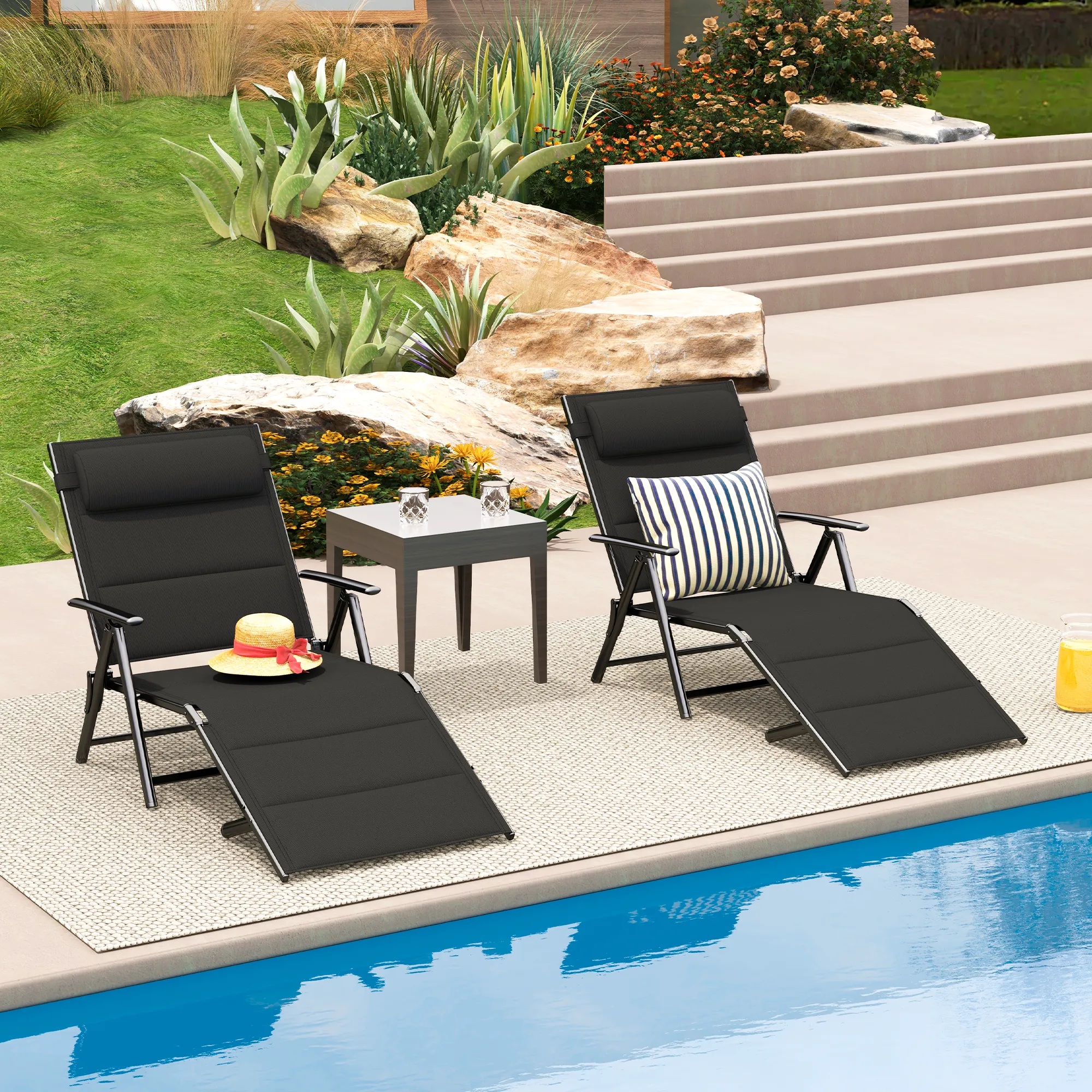 Set of 2 Outdoor Folding Lounge Chairs with 7-Position Adjustable Backrest for Poolside,Black