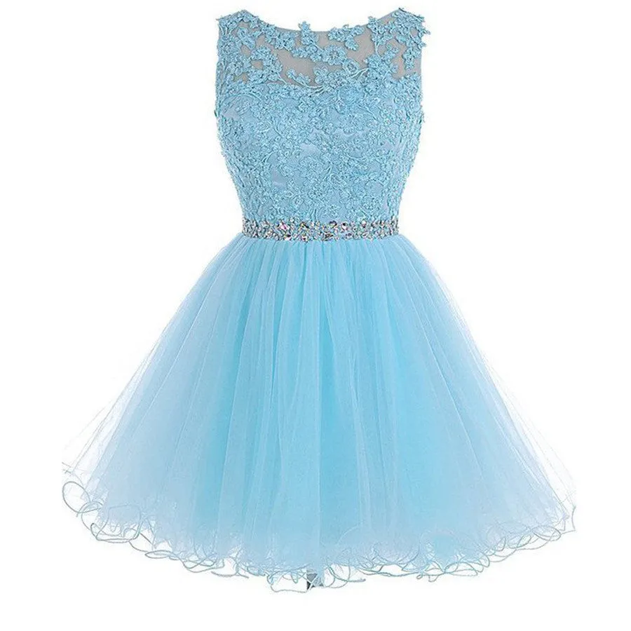 Sexy Open back Light Blue lace Tulle homecoming prom dresses, CM0020