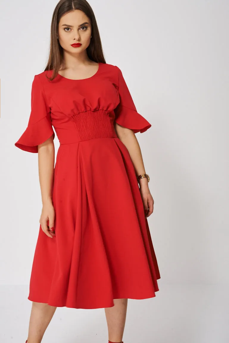 Shirred Waist Dress With Frill Sleeve