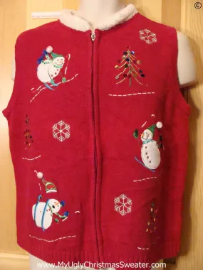 Skiing Snowmen Red Festive Christmas Sweater Vest