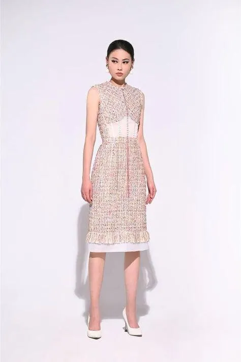 Sleveless tweed a line kneee lenght dress- Chany