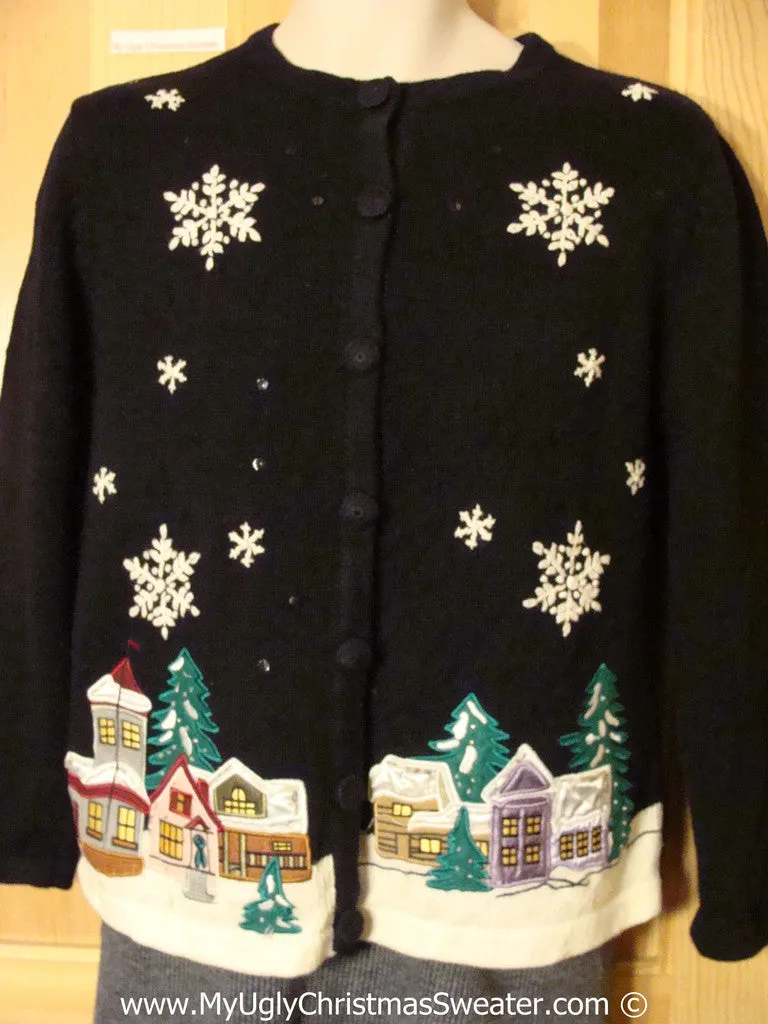 Tacky Christmas Sweater Party Ugly Sweater with Festive Winter Wonderland Town at Night Time (f973)