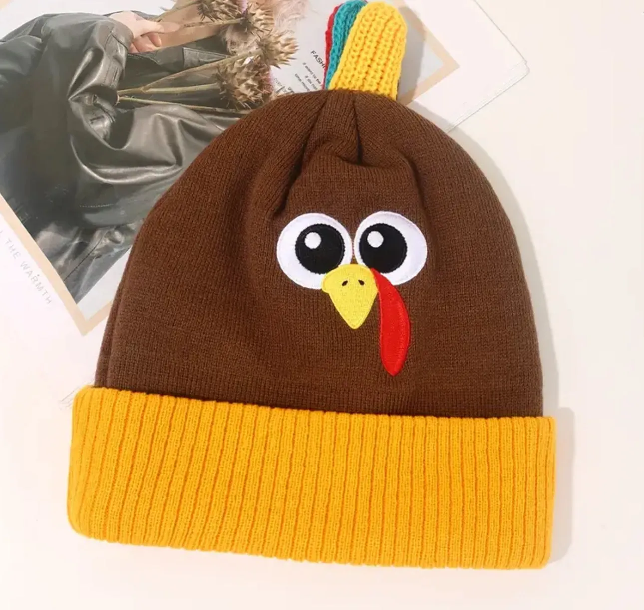 Thanksgiving Turkey Beanie With Cockscomb Yellow Cartoon Embroidery Knit Hats Lightweight Elastic Skull Cap Warm Beanies For Women & Men