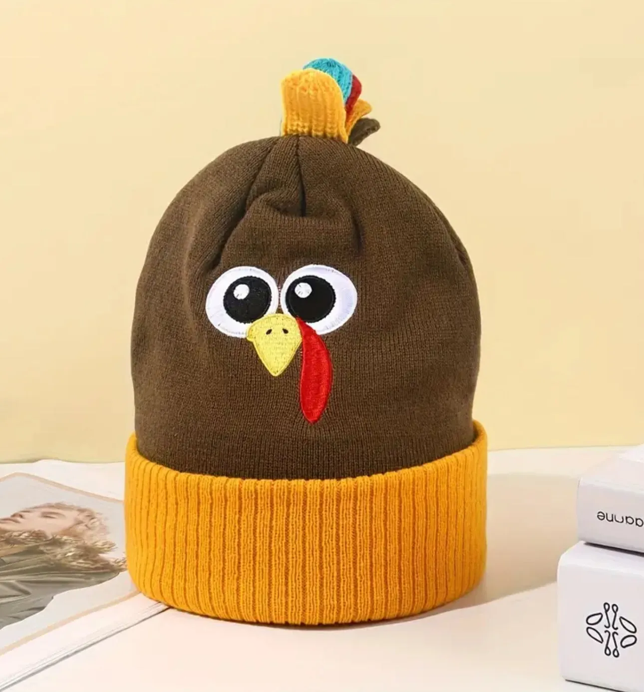 Thanksgiving Turkey Beanie With Cockscomb Yellow Cartoon Embroidery Knit Hats Lightweight Elastic Skull Cap Warm Beanies For Women & Men